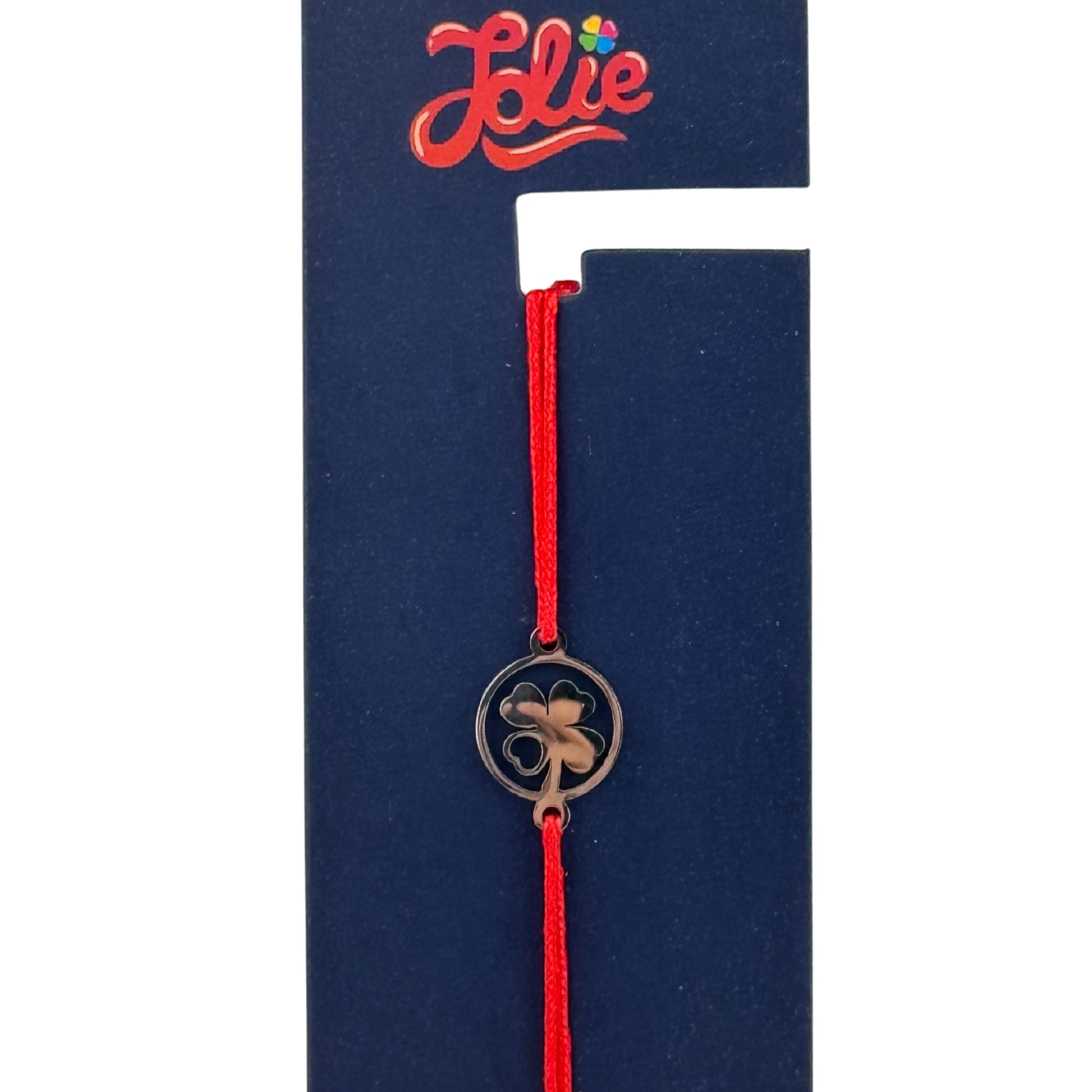 Martisor Bratara din Inox pentru Copii, Jolie, Textil si Inox, Snur Rosu, Model Trifoi Norocos, Argintiu