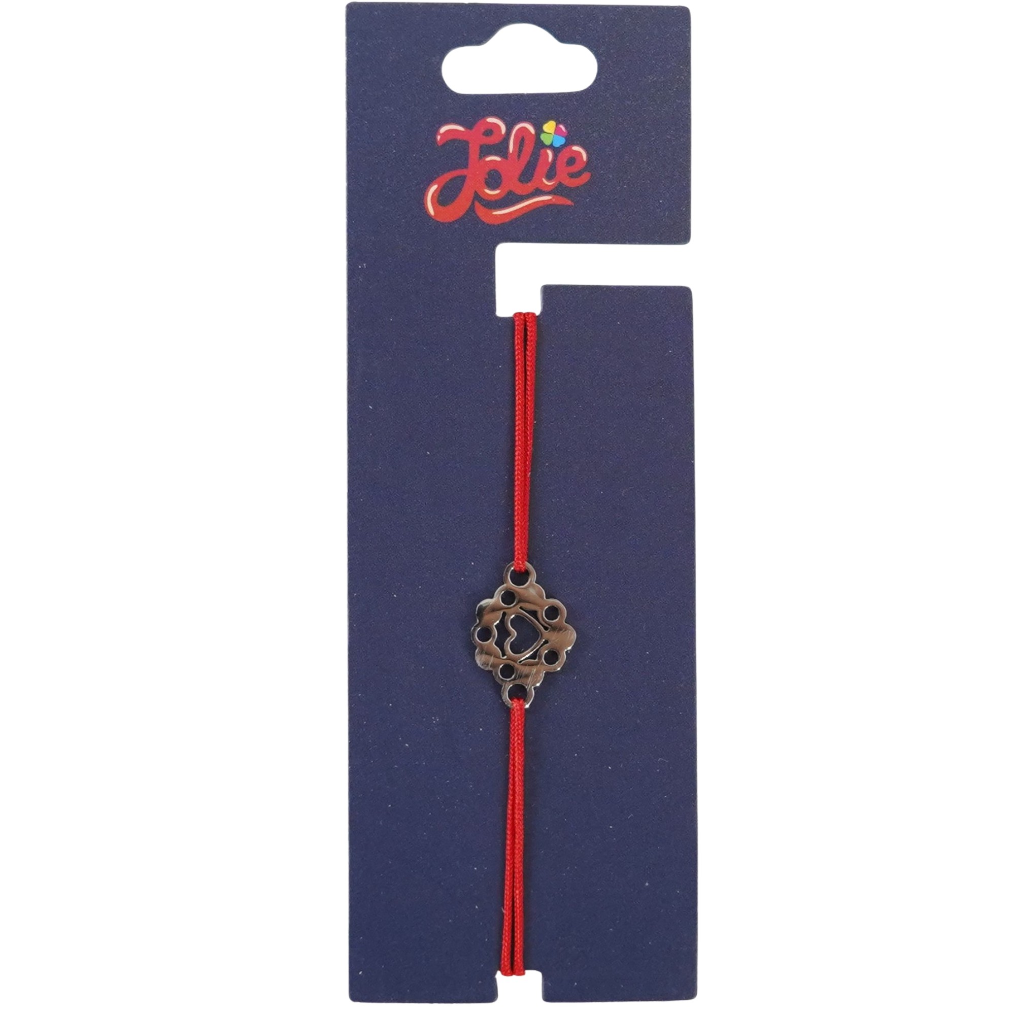 Martisor Bratara din Inox pentru Copii, Jolie, Textil si Inox, Snur Rosu, Model Inima, Argintiu