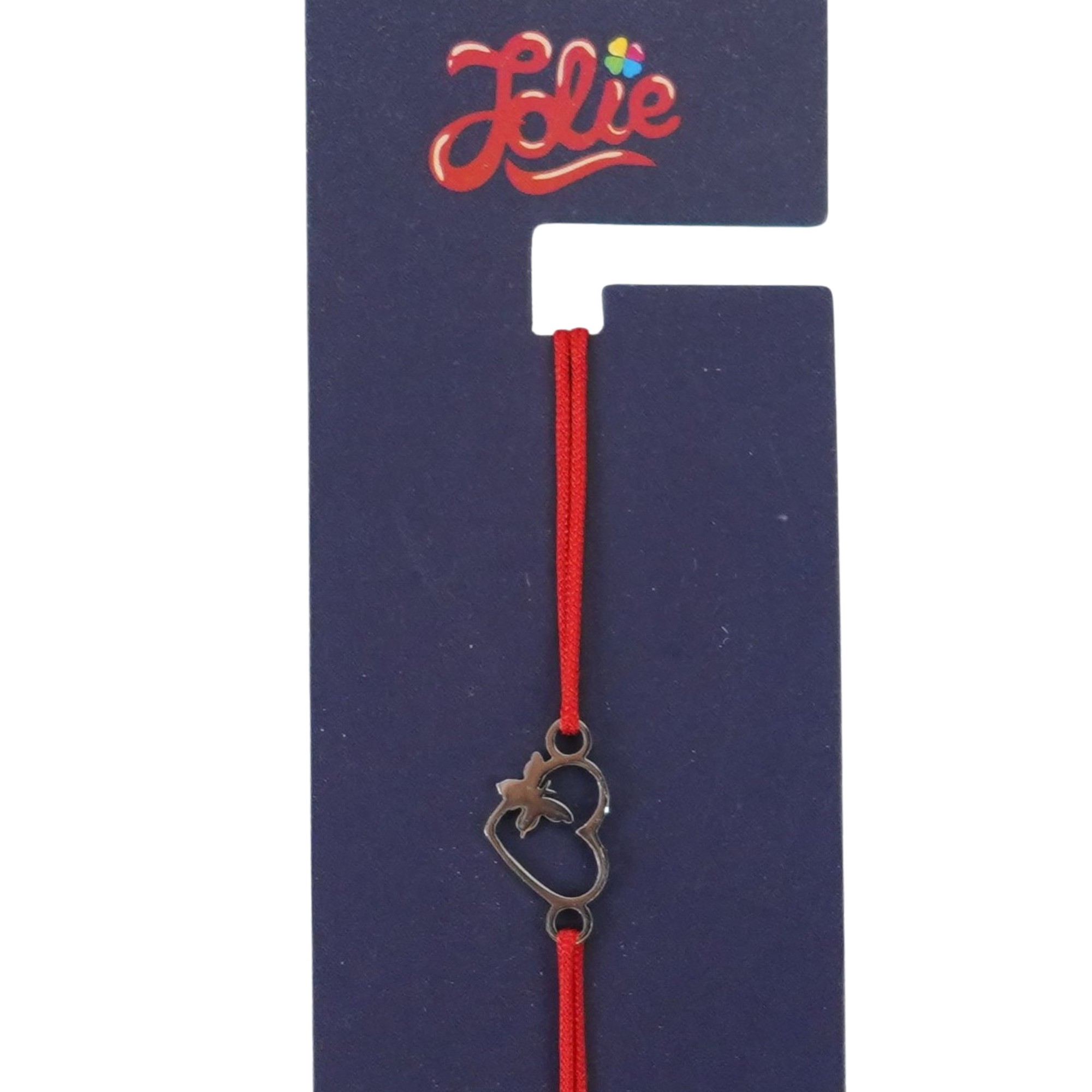 Martisor Bratara din Inox pentru Copii, Jolie, Textil si Inox, Snur Rosu, Model Inima Fluture, Argintiu