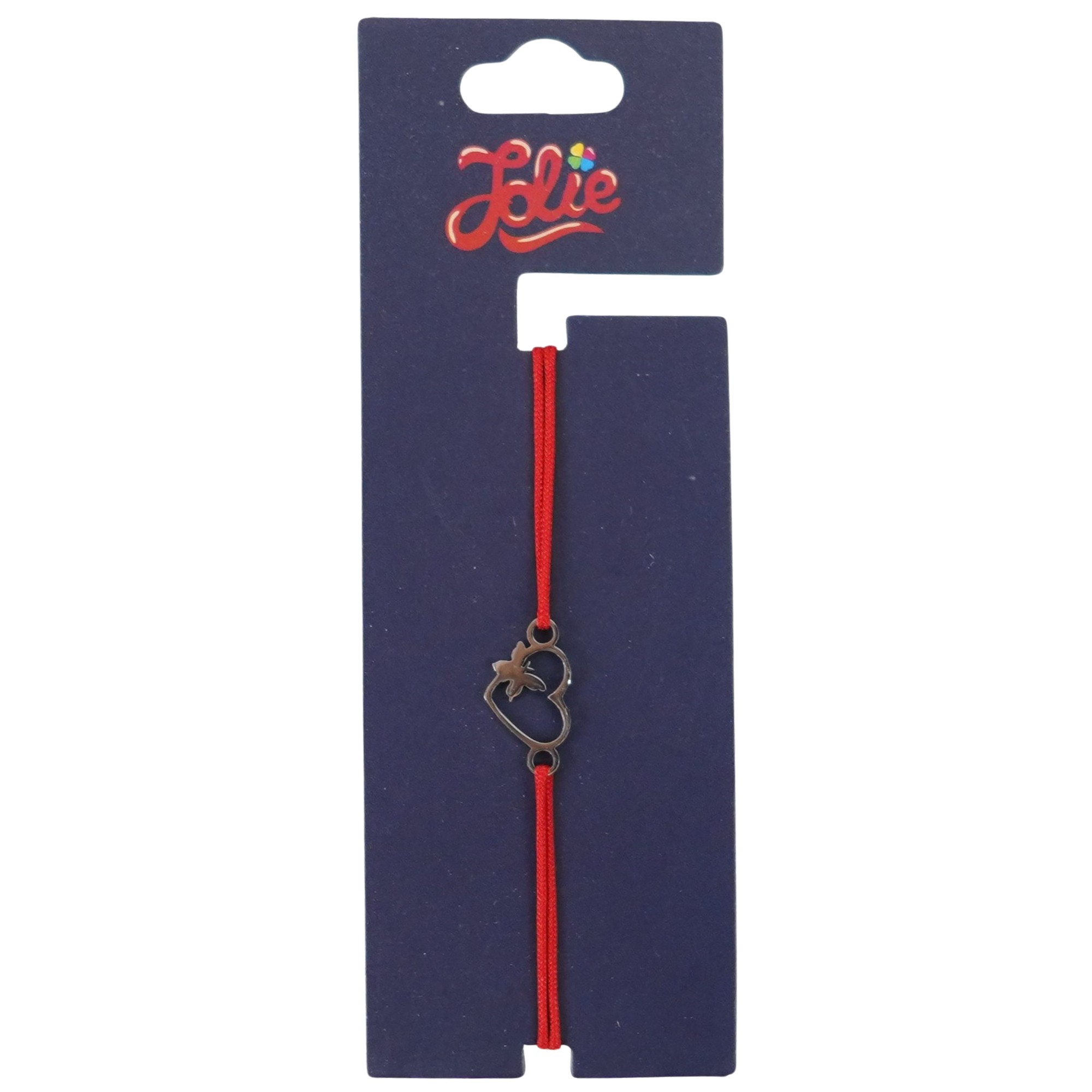 Martisor Bratara din Inox pentru Copii, Jolie, Textil si Inox, Snur Rosu, Model Inima Fluture, Argintiu