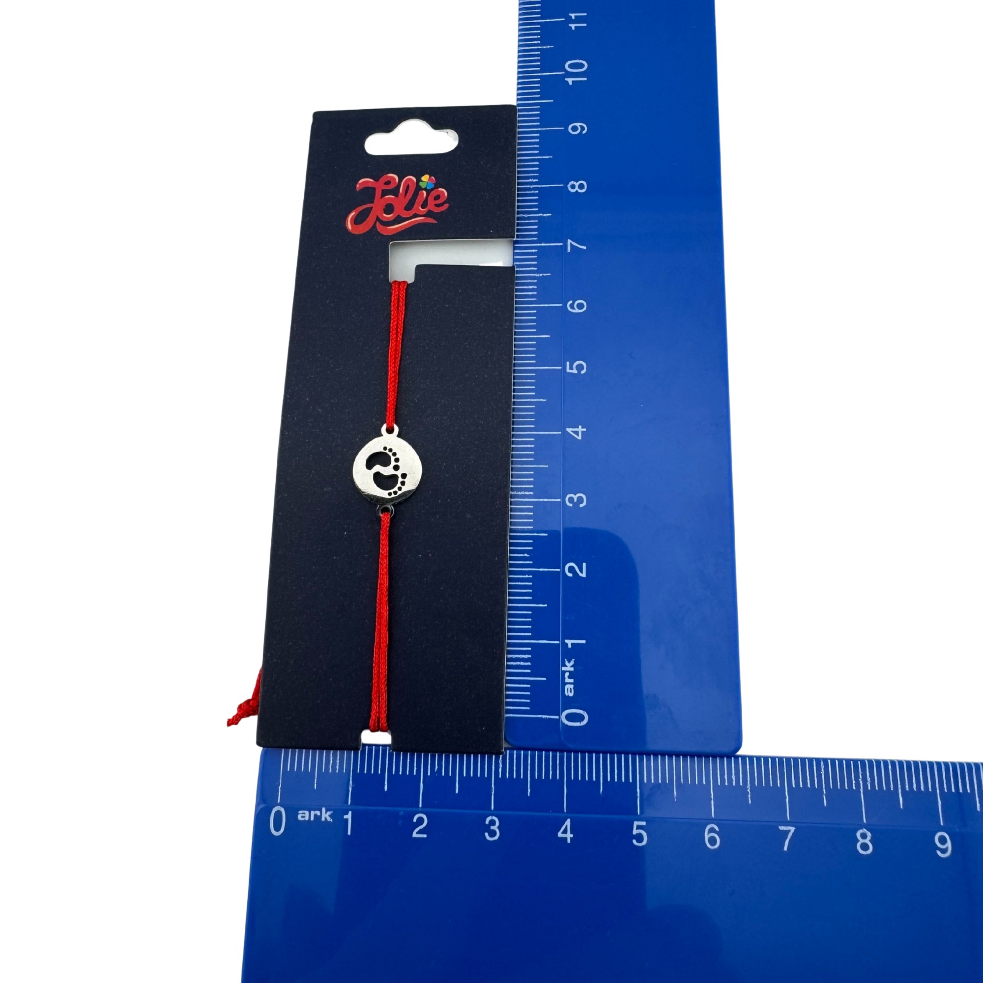 Martisor Bratara din Inox pentru Copii, Jolie, Textil si Inox, Snur Rosu, Model Talpi, Argintiu