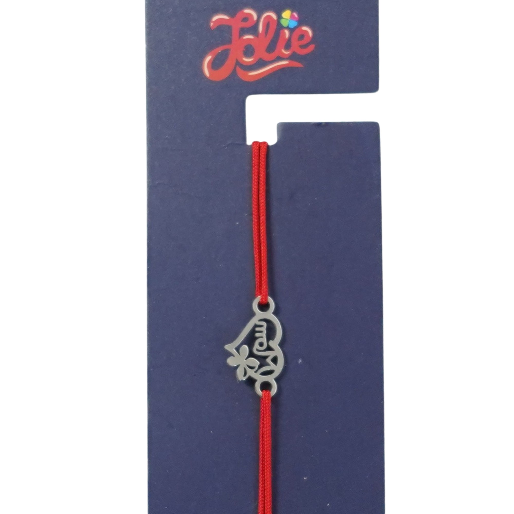 Martisor Bratara din Inox pentru Copii, Jolie, Textil si Inox, Snur Rosu, Model Inima Mama, Argintiu