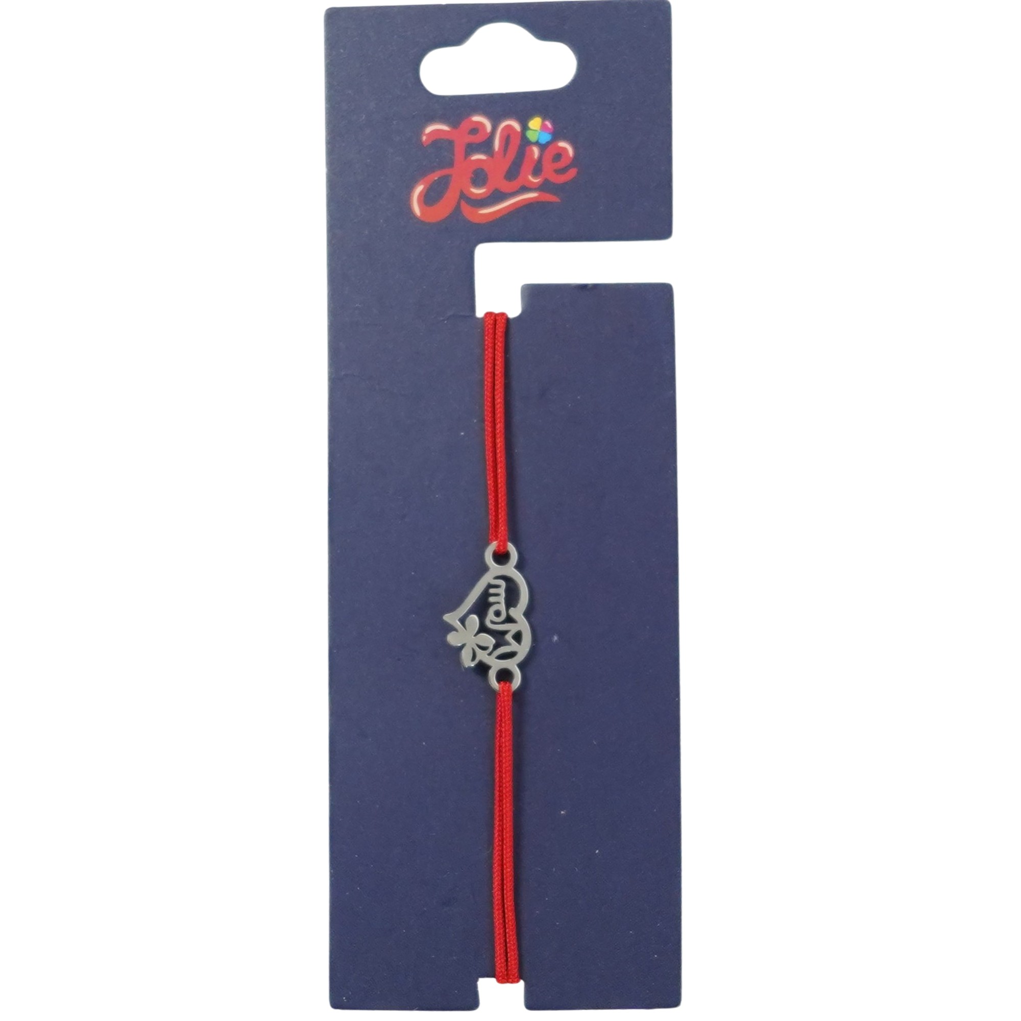 Martisor Bratara din Inox pentru Copii, Jolie, Textil si Inox, Snur Rosu, Model Inima Mama, Argintiu