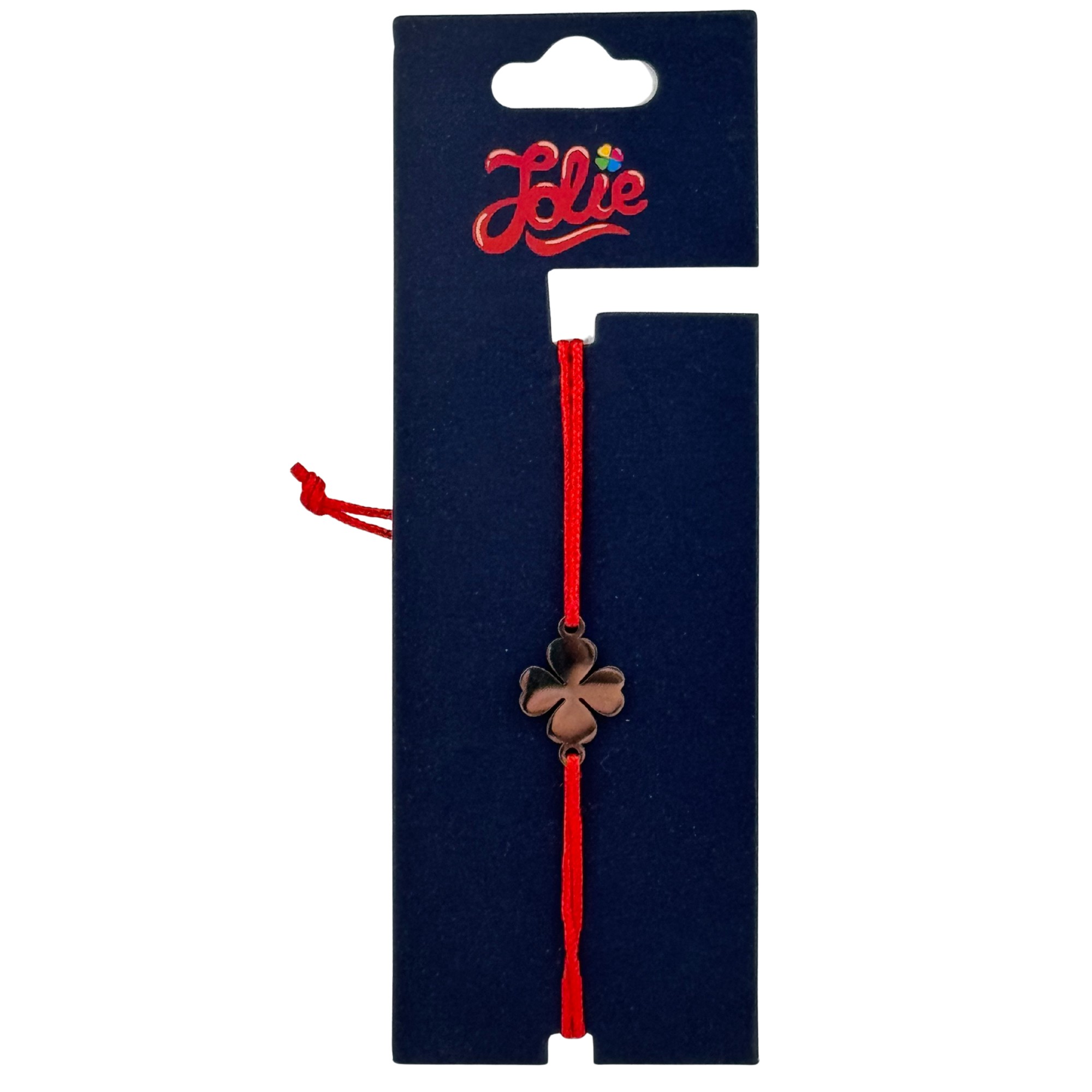 Martisor Bratara din Inox pentru Copii, Jolie, Textil si Inox, Snur Rosu, Model Trifoi cu Patru Foi, Argintiu