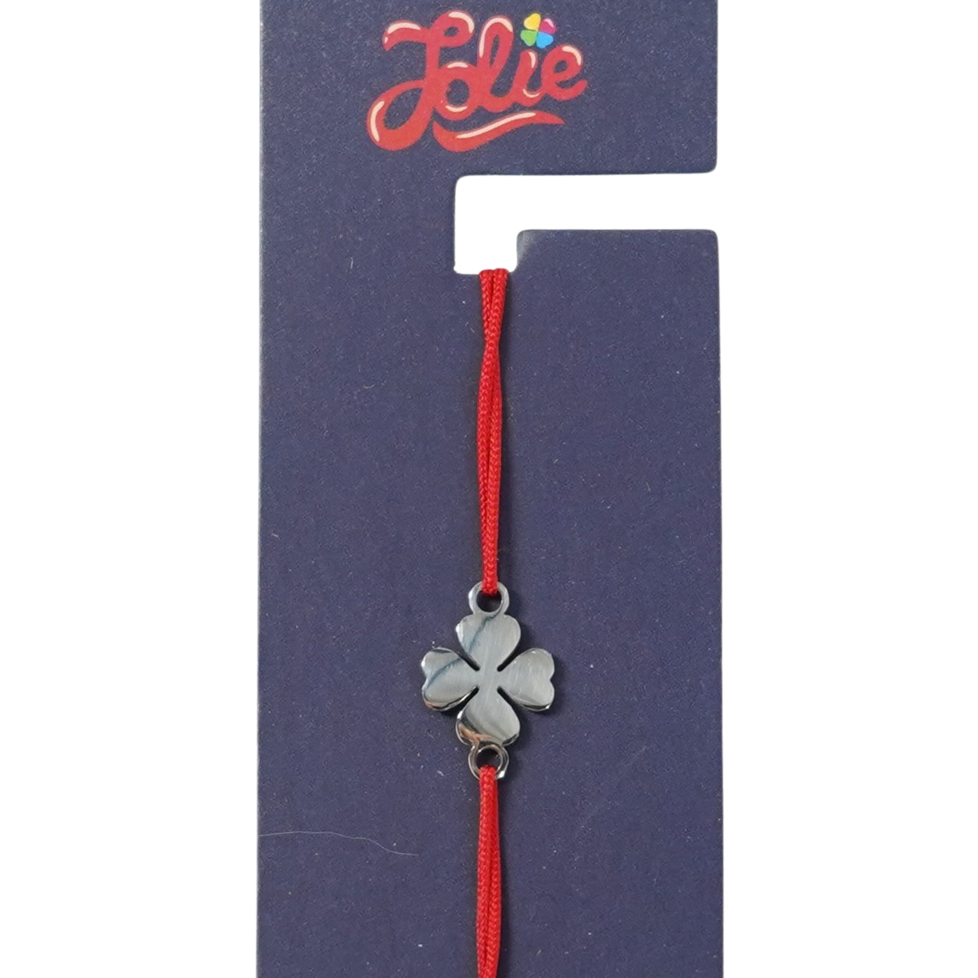 Martisor Bratara din Inox pentru Copii, Jolie, Textil si Inox, Snur Rosu, Model Trifoi cu Patru Foi, Argintiu