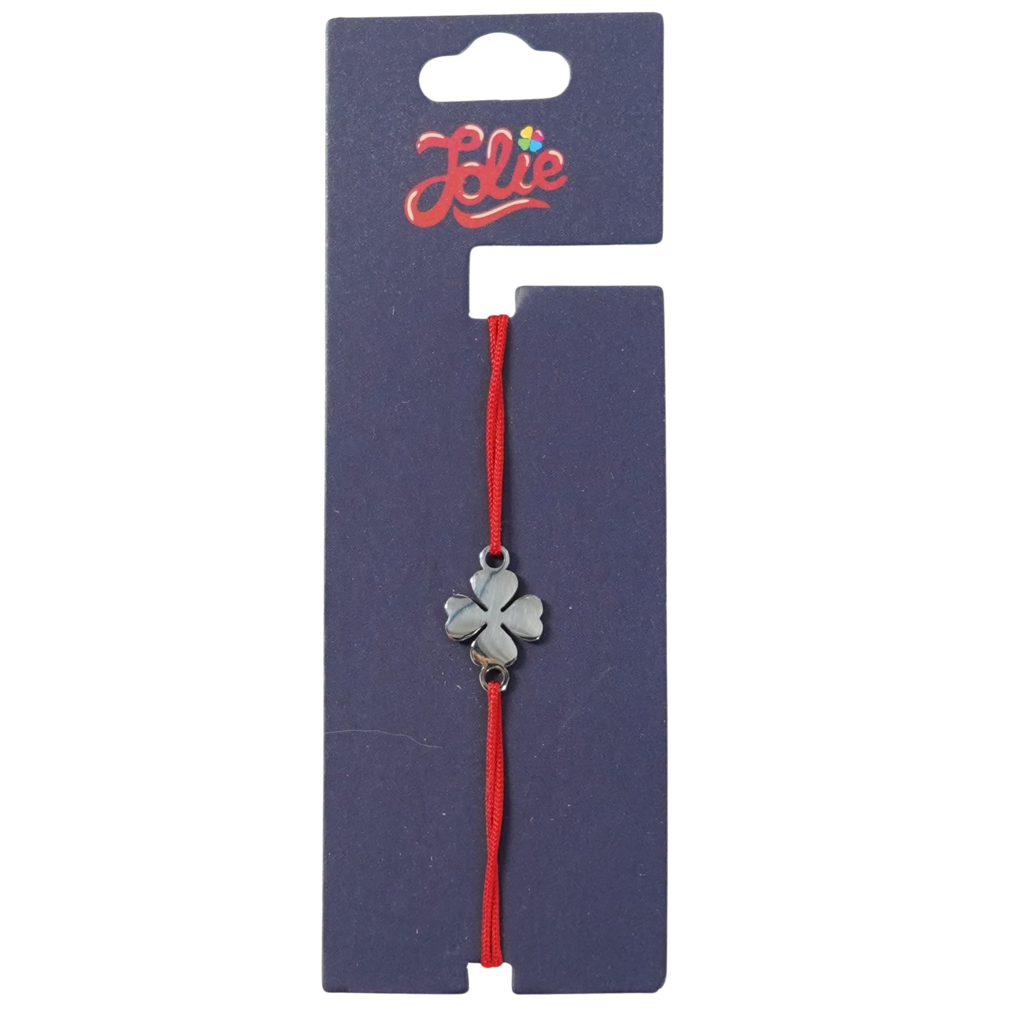 Martisor Bratara din Inox pentru Copii, Jolie, Textil si Inox, Snur Rosu, Model Trifoi cu Patru Foi, Argintiu