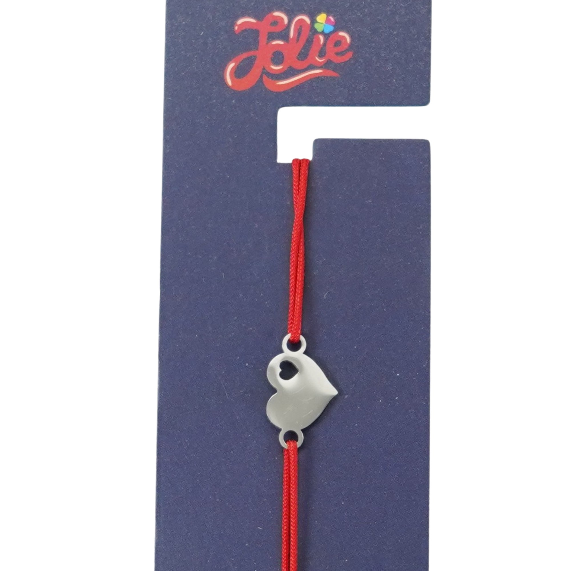 Martisor Bratara din Inox pentru Copii, Jolie, Textil si Inox, Snur Rosu, Model Inimioare, Argintiu