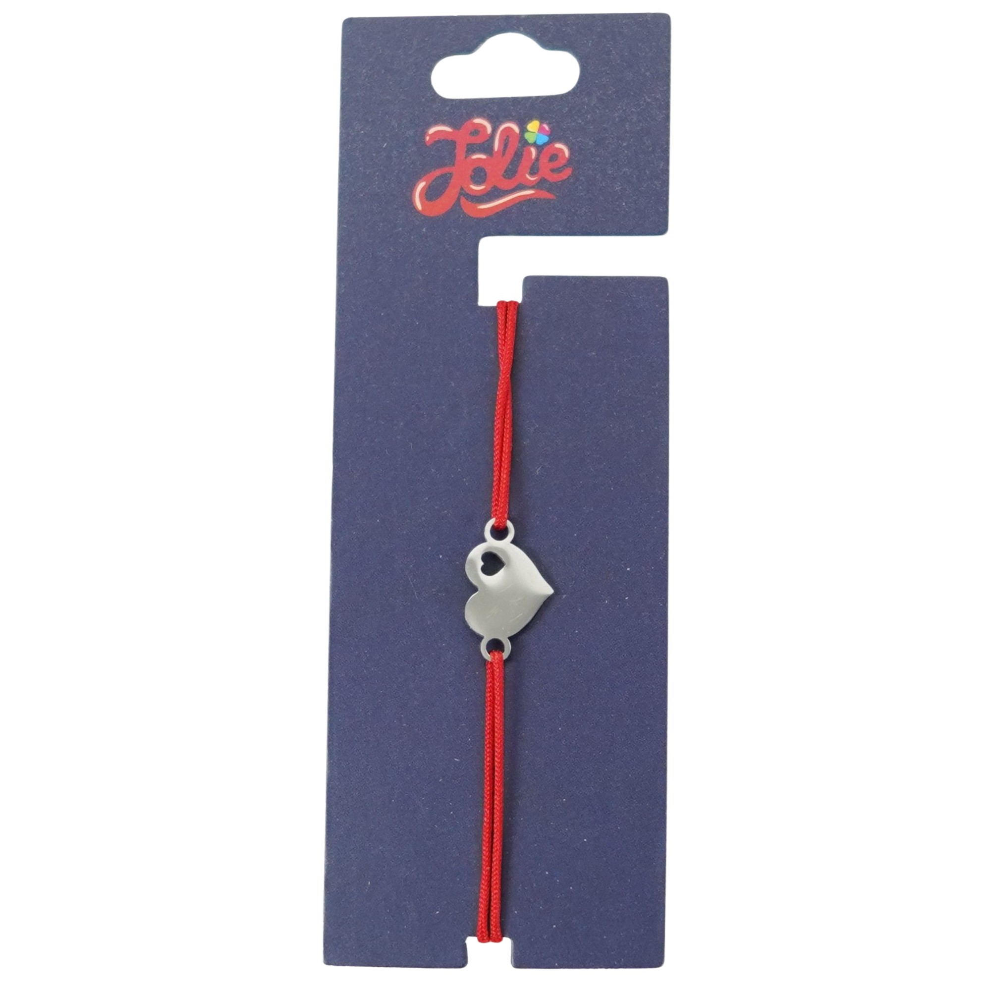 Martisor Bratara din Inox pentru Copii, Jolie, Textil si Inox, Snur Rosu, Model Inimioare, Argintiu