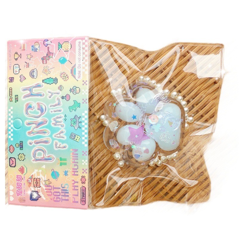 Jucarie Antistres Squishy, Flippy, cu Revenire Lenta, Squeeze Pinch Family, Model Cat Paw, Model cu Perlute, Ambalaj Transparent, Multicolor