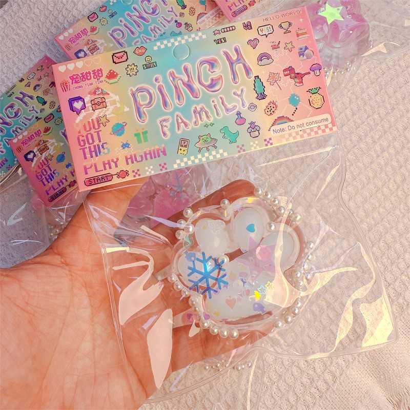 Jucarie Antistres Squishy, Flippy, cu Revenire Lenta, Squeeze Pinch Family, Model Cat Paw, Model cu Perlute, Ambalaj Transparent, Multicolor