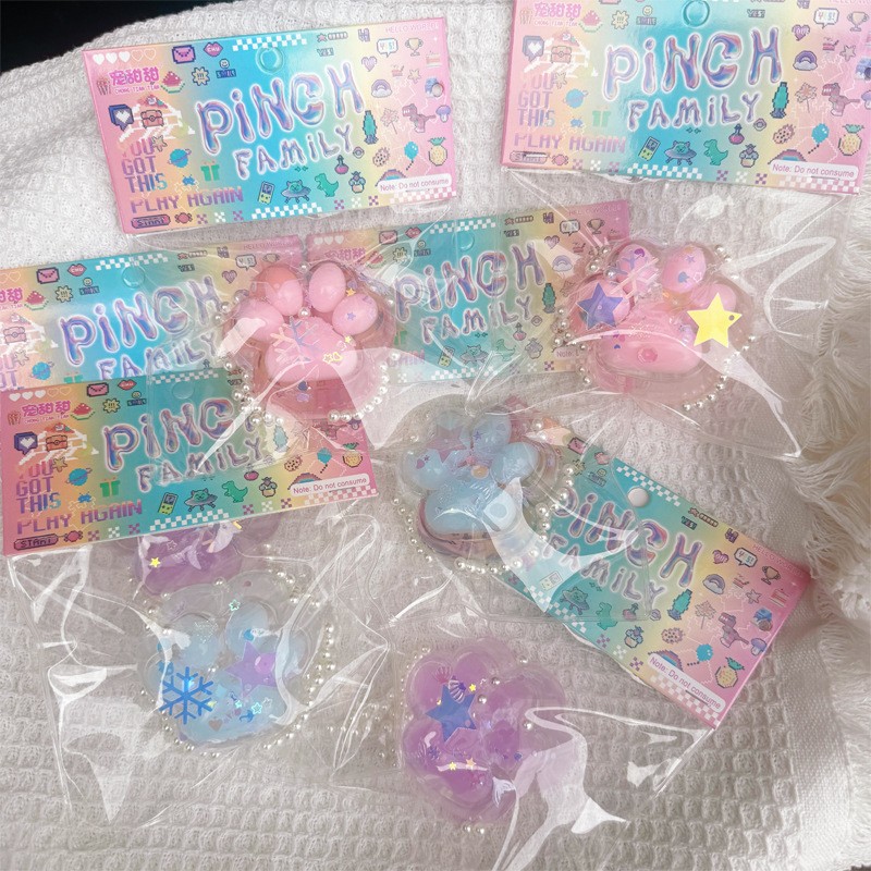 Jucarie Antistres Squishy, Flippy, cu Revenire Lenta, Squeeze Pinch Family, Model Cat Paw, Model cu Perlute, Ambalaj Transparent, Multicolor
