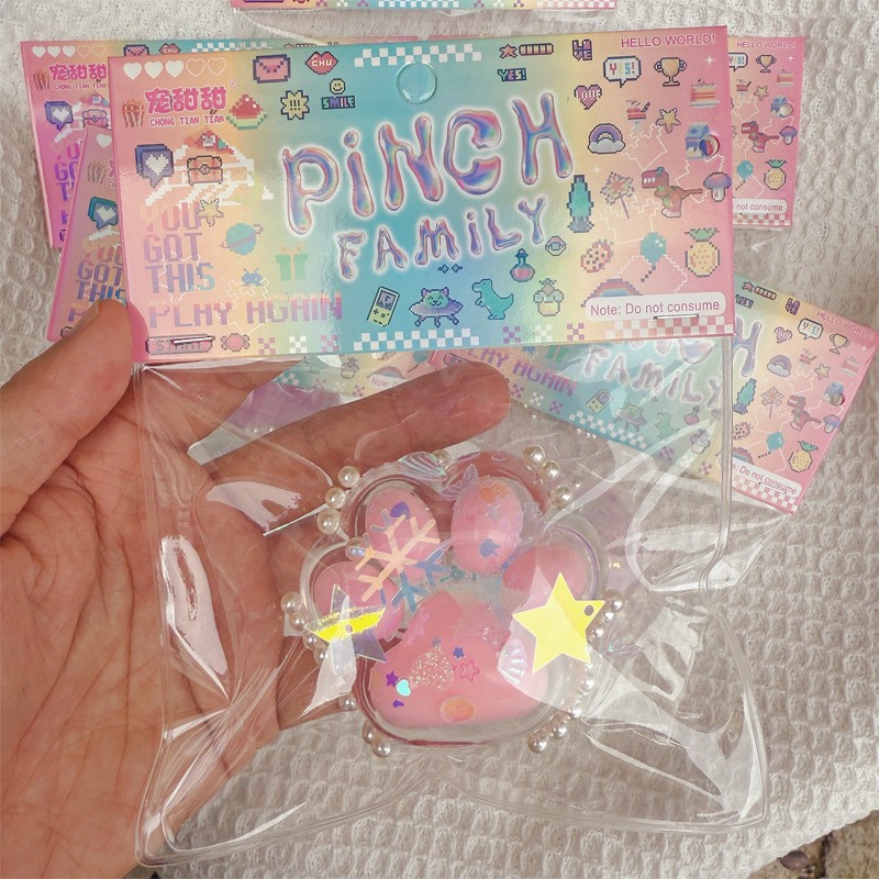 Jucarie Antistres Squishy, Flippy, cu Revenire Lenta, Squeeze Pinch Family, Model Cat Paw, Model cu Perlute, Ambalaj Transparent, Multicolor