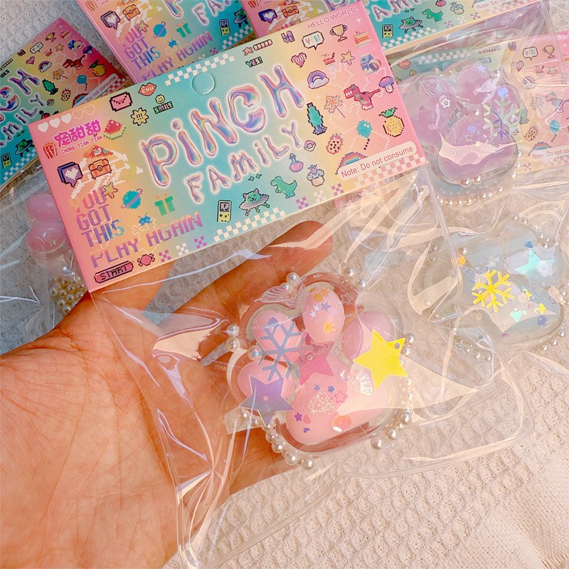 Jucarie Antistres Squishy, Flippy, cu Revenire Lenta, Squeeze Pinch Family, Model Cat Paw, Model cu Perlute, Ambalaj Transparent, Multicolor