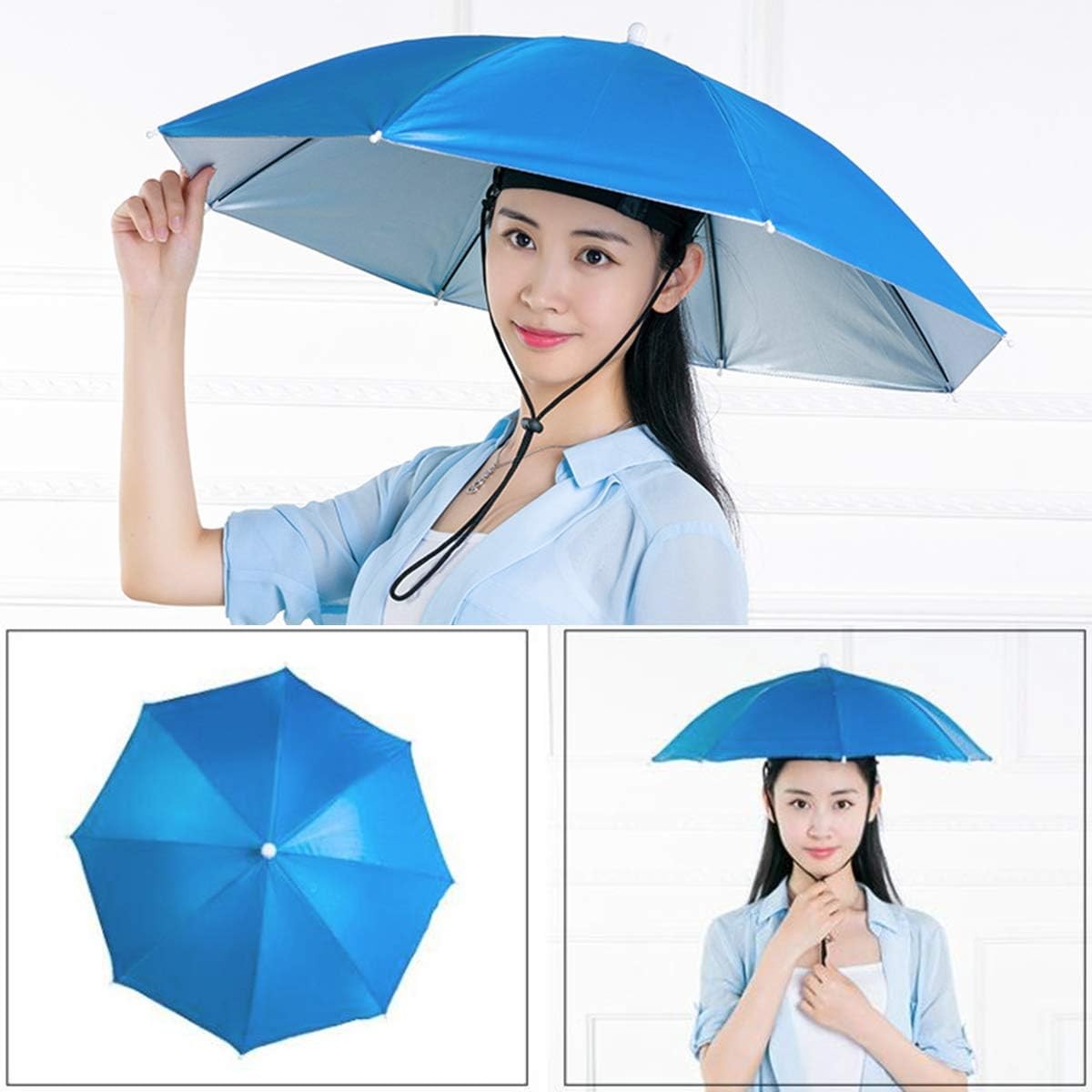 Umbrela de Cap, Flippy, Diametru 69 cm, Snur Reglabil de Cap, Protectie UV/Ploaie, Albastru