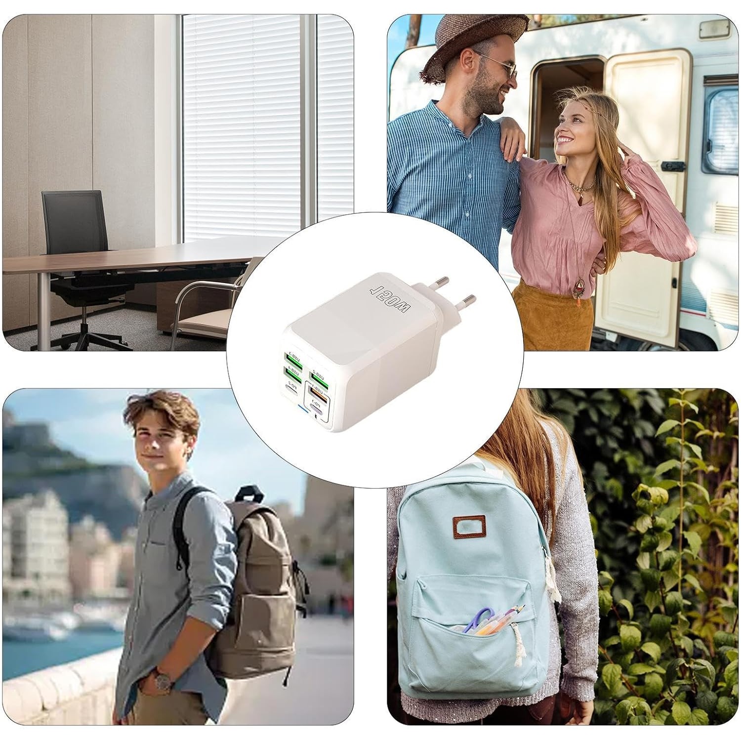 Incarcator Multifunctional, Flippy®, 6 Porturi (2 x PD Type C + 4 USB), 150 W, 5V, 2.4A, Incarcare Rapida, 4.4 x 4.4 x 11 cm, Alb