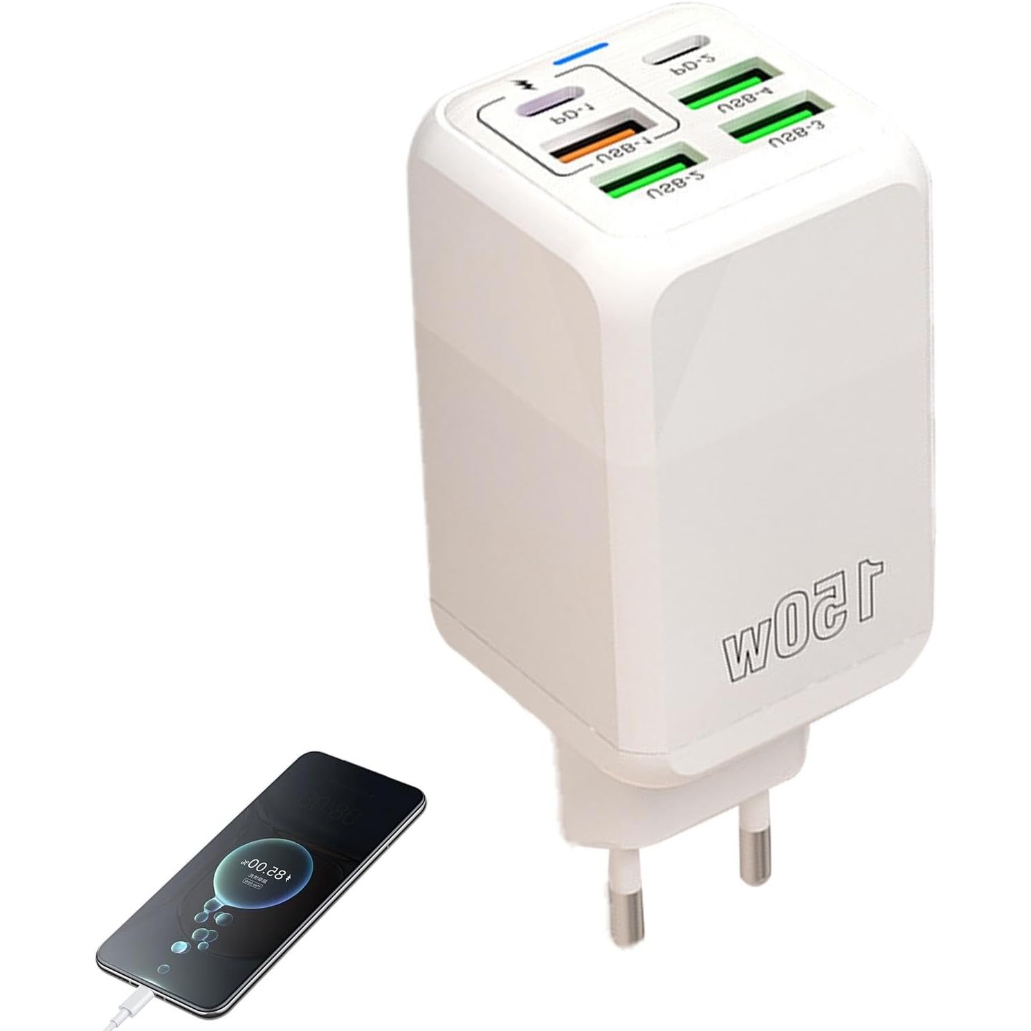 Incarcator Multifunctional, Flippy®, 6 Porturi (2 x PD Type C + 4 USB), 150 W, 5V, 2.4A, Incarcare Rapida, 4.4 x 4.4 x 11 cm, Alb