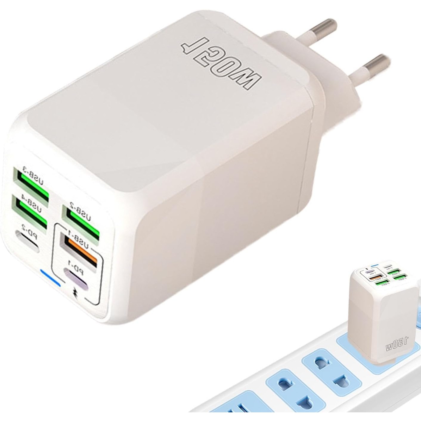 Incarcator Multifunctional, Flippy®, 6 Porturi (2 x PD Type C + 4 USB), 150 W, 5V, 2.4A, Incarcare Rapida, 4.4 x 4.4 x 11 cm, Alb