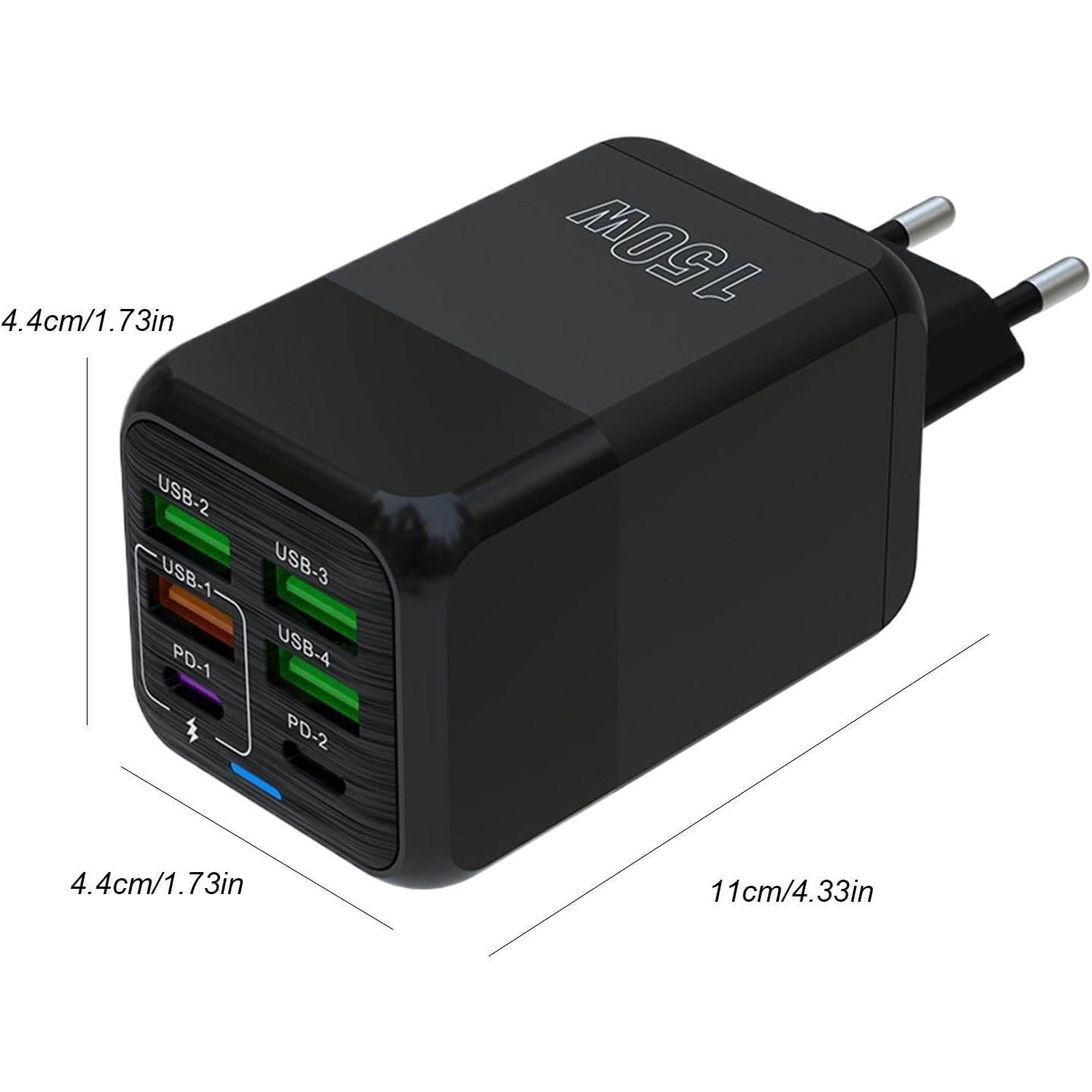 Incarcator Multifunctional, Flippy®, 6 Porturi (2 x PD Type C + 4 USB), 150 W, 5V, 2.4A, Incarcare Rapida, 4.4 x 4.4 x 11 cm, Negru