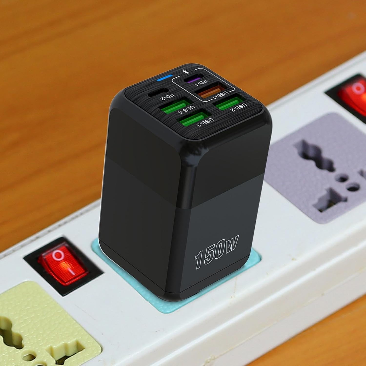Incarcator Multifunctional, Flippy®, 6 Porturi (2 x PD Type C + 4 USB), 150 W, 5V, 2.4A, Incarcare Rapida, 4.4 x 4.4 x 11 cm, Negru