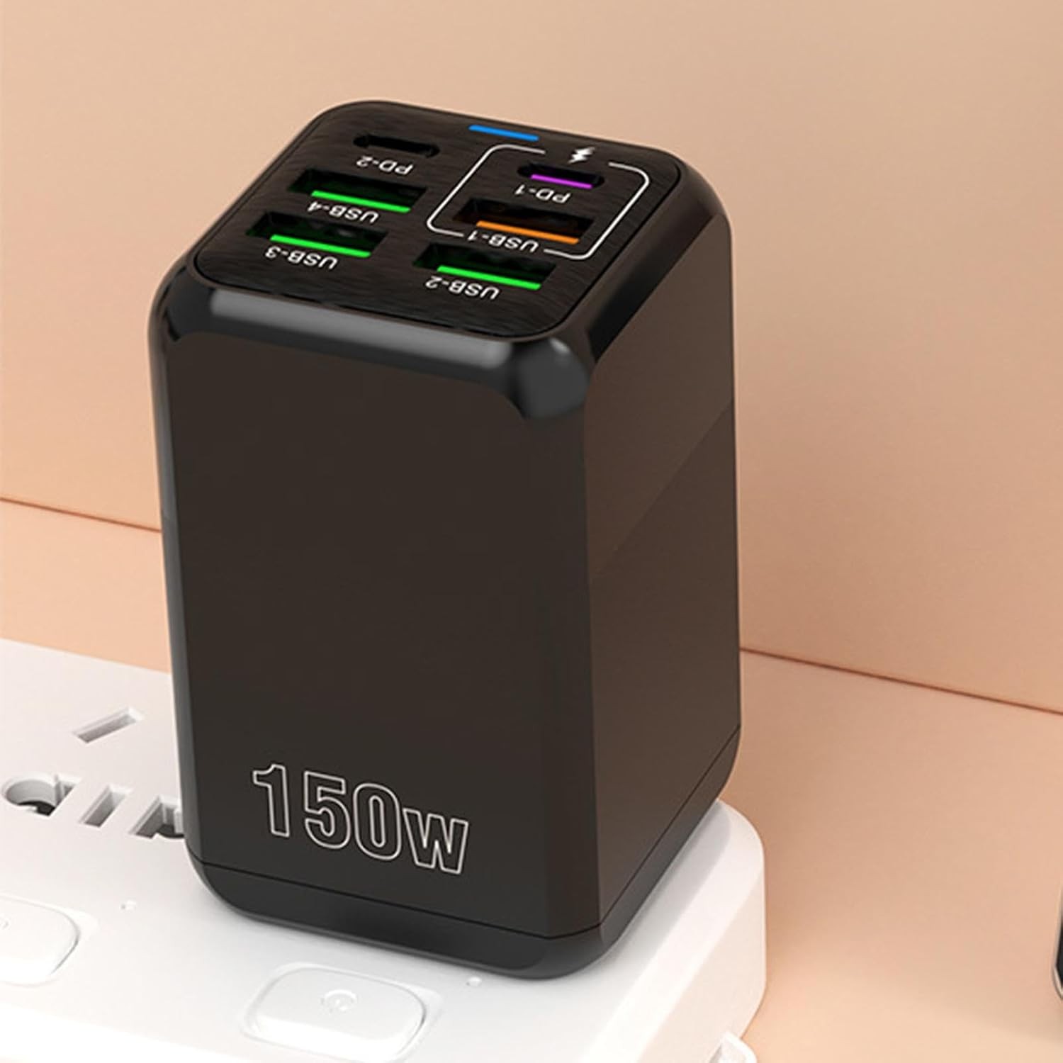 Incarcator Multifunctional, Flippy®, 6 Porturi (2 x PD Type C + 4 USB), 150 W, 5V, 2.4A, Incarcare Rapida, 4.4 x 4.4 x 11 cm, Negru