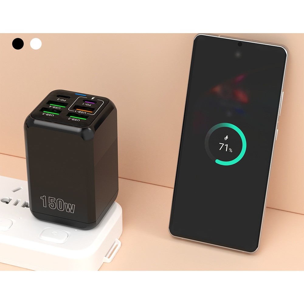 Incarcator Multifunctional, Flippy®, 6 Porturi (2 x PD Type C + 4 USB), 150 W, 5V, 2.4A, Incarcare Rapida, 4.4 x 4.4 x 11 cm, Negru