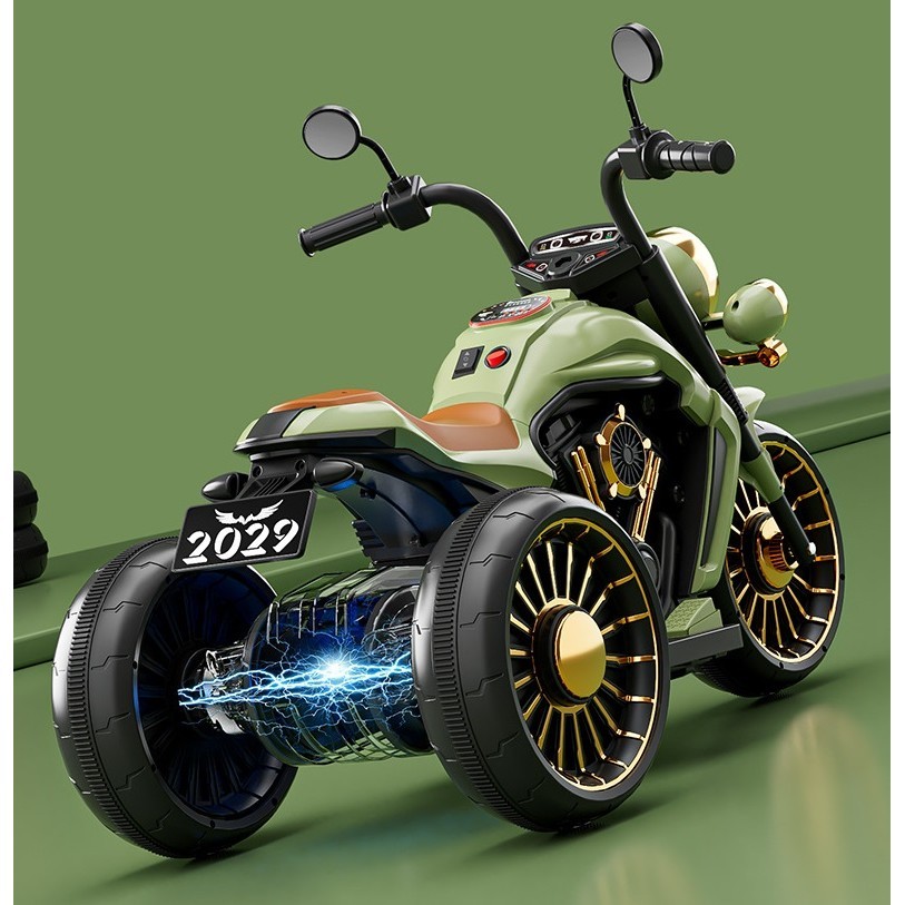 Tricicleta Electrica pentru Copii, Flippy, cu 2 Acumulatoare 380*2, 6V 4.5, Bluetooth, Sistem Anti-Rasturnare, Sistem de Lumini si Sunet, 6-8 Ani, 93 x 48 x 63 cm, Verde Negru