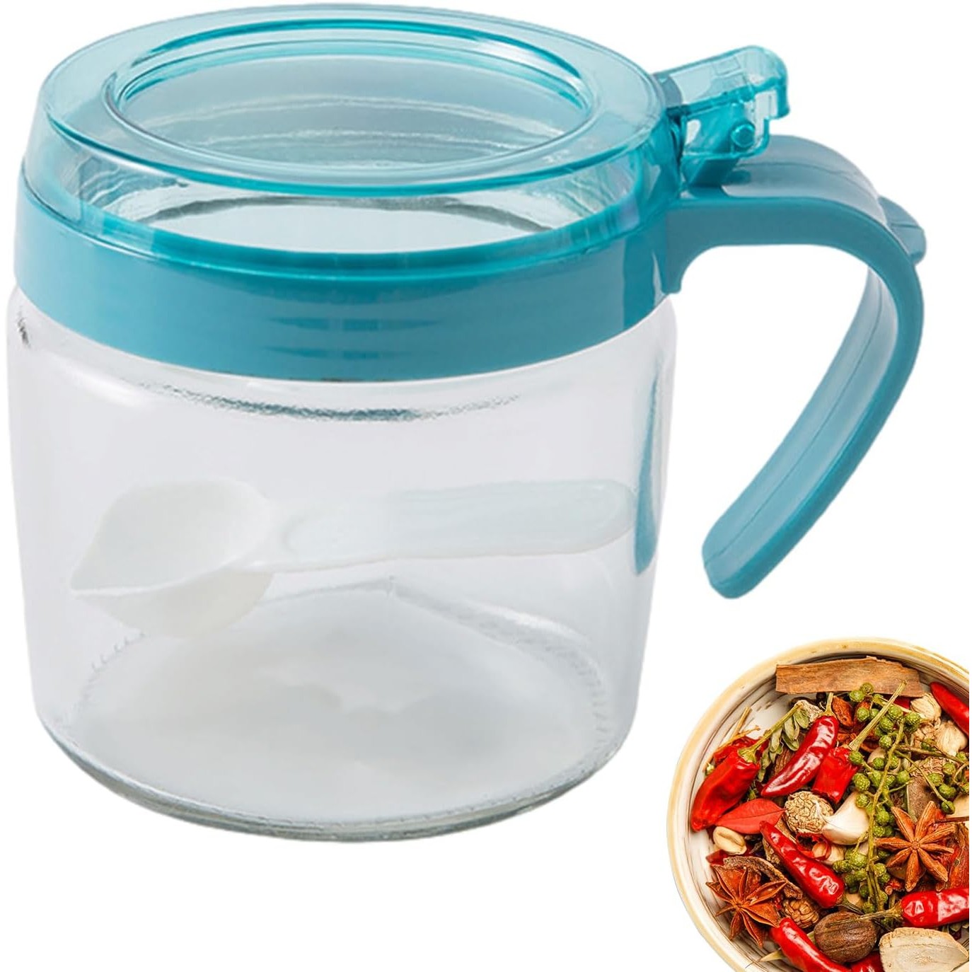 Recipient Condimente, Flippy, din Stilca, 180 ml, cu Maner si Lingurita, 8 x 9 cm, Capac Transparent, Albastru
