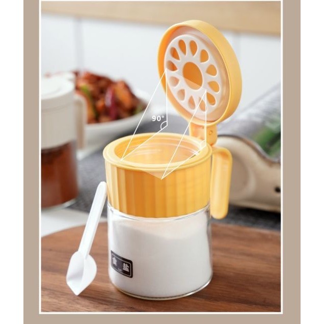 Recipient Condimente, Flippy, din Stilca, 180 ml, cu Maner si Lingurita, 10.6 x 7 x 7 cm, Capac Mat, Galben