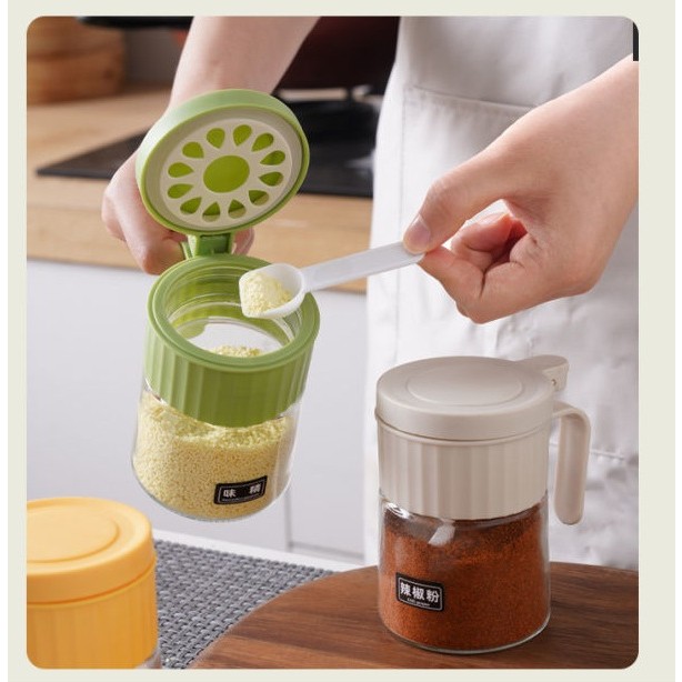 Recipient Condimente, Flippy, din Stilca, 180 ml, cu Maner si Lingurita, 10.6 x 7 x 7 cm, Capac Mat, Verde