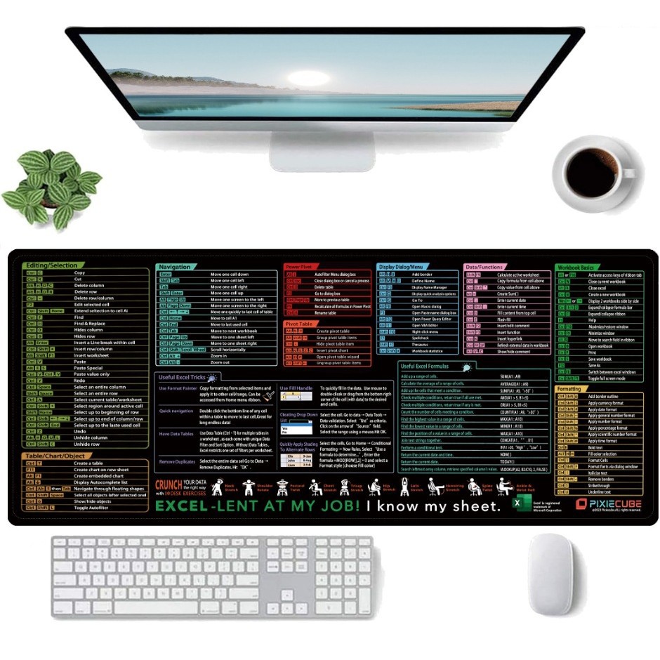 Mousepad cu Suport Tastatura, Flippy, Covoras pentru Masa de Birou cu Formule si Scurtaturi pentru Excel, Rezistent la Zgirieturi si Antiderapant 90 x 40 cm, Model 2, Negru