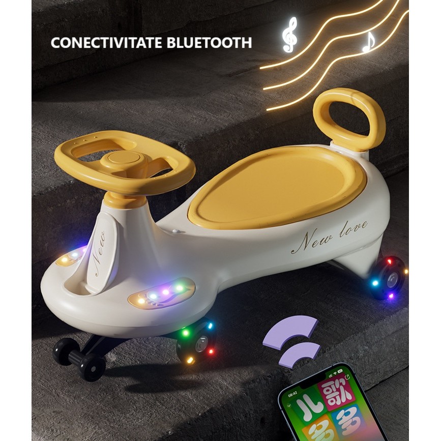 Masinuta, Flippy, 1-8 Ani, Rotire 360 Grade, Anti-rasturnare, Roti Silentioase, Impingere, Bluetooth, 66 x 32 x 37 cm, Galben