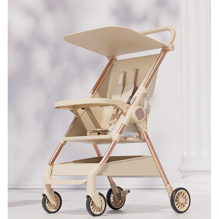 Carut Pliabil, Flippy, Usor, Compatibil cu Avionul, de Plimbat/Dormit, Parasolar, Cutie Depozitare, Tabla de Masa, 93 x 70 x 40 cm, Bej