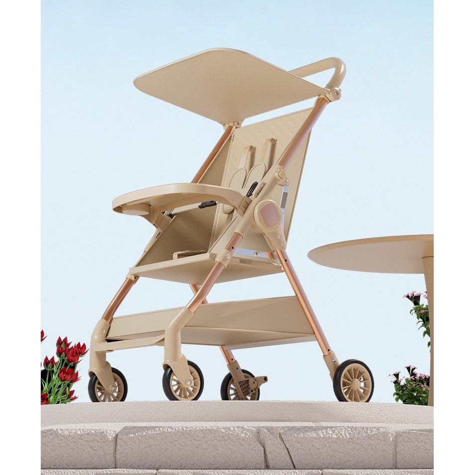Carut Pliabil, Flippy, Usor, Compatibil cu Avionul, de Plimbat/Dormit, Parasolar, Cutie Depozitare, Tabla de Masa, 93 x 70 x 40 cm, Bej