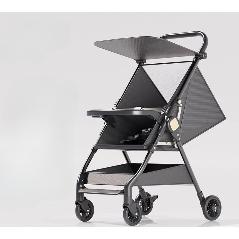 Carut Pliabil, Flippy, Usor, Compatibil cu Avionul, de Plimbat/Dormit, Parasolar, Cutie Depozitare, Tabla de Masa, 93 x 70 x 40 cm, Negru