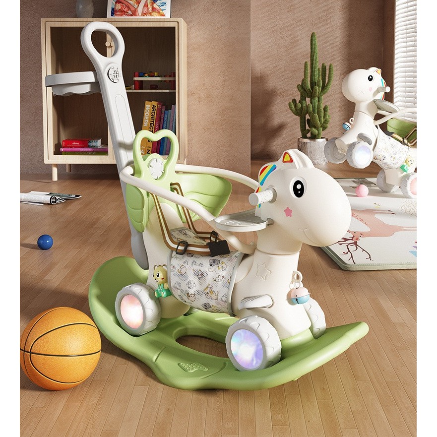 Balansoar pentru Copii, Flippy, 3in1, cu Spatar si Bara de Siguranta, Maner cu Cos de Basket, Tava de Masa, Roti Luminoase, 80 x 43 x 83 cm, din Plastic, + 3 Ani, Verde
