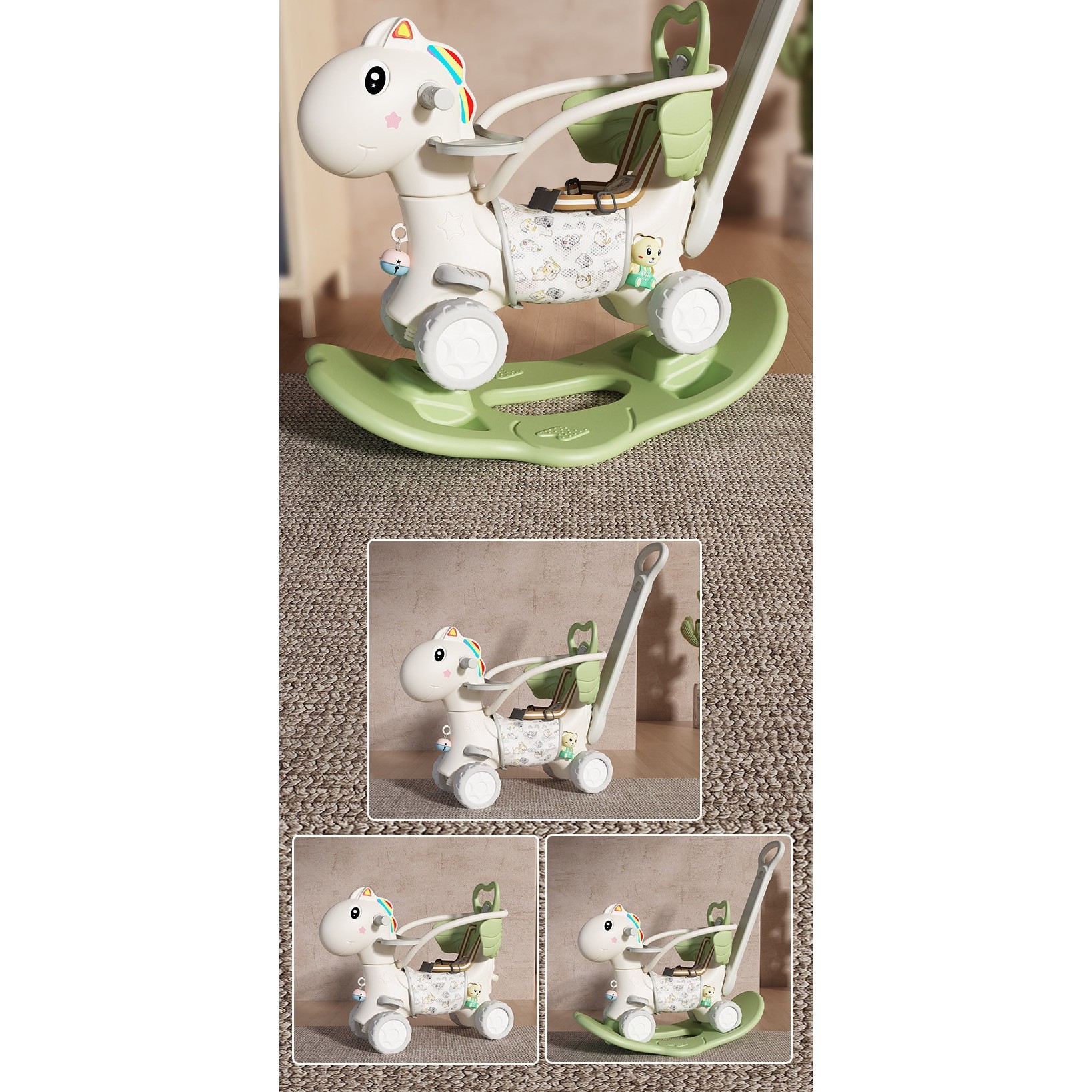 Balansoar pentru Copii, Flippy, 3in1, cu Spatar si Bara de Siguranta, Maner cu Cos de Basket, Tava de Masa, Roti Luminoase, 80 x 43 x 83 cm, din Plastic, + 3 Ani, Verde