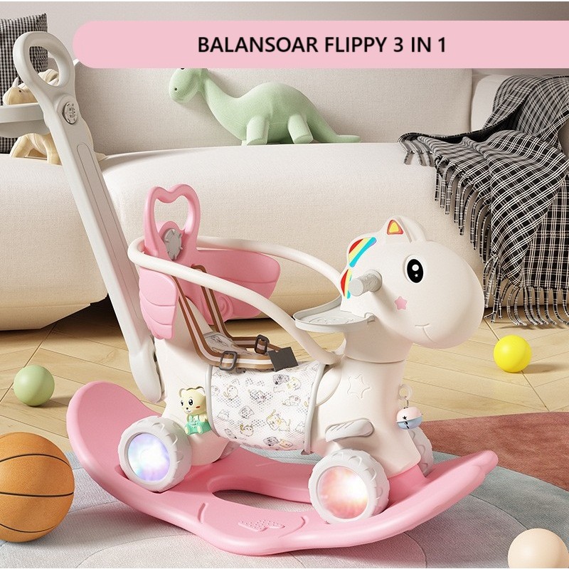 Balansoar pentru Copii, Flippy, 3in1, cu Spatar si Bara de Siguranta, Maner cu Cos de Basket, Tava de Masa, Roti Luminoase, 80 x 43 x 83 cm, din Plastic, + 3 Ani, Roz