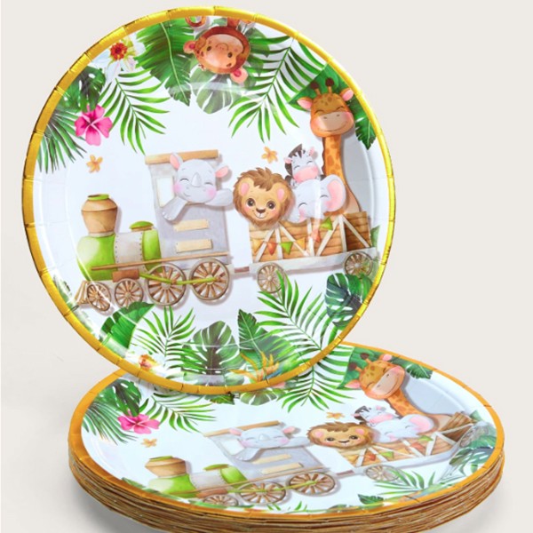 Farfurii Cartonate pentru Petreceri, Flippy, Farfurii Cartonate de unica Folosinta pentru Zile de Nastere, Model Safari cu Animale, set 10 buc, Diametru 18 cm, Multicolor