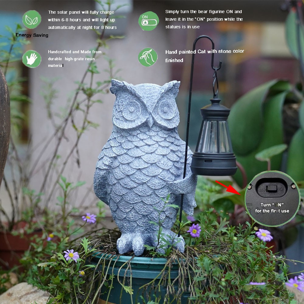 Ornament de Decor pentru Gradina cu LED, Flippy, Model Bufnita cu Felinar, Decoratiune Exterioara pentru Casa si Gradina, din Rasina, 21.5x15 cm, Gri