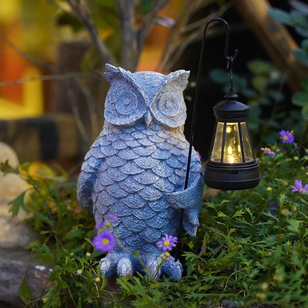 Ornament de Decor pentru Gradina cu LED, Flippy, Model Bufnita cu Felinar, Decoratiune Exterioara pentru Casa si Gradina, din Rasina, 21.5x15 cm, Gri