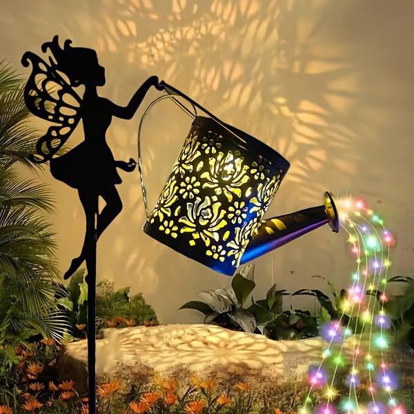 Decor Ornament pentru Gradina, Flippy, Decoratiune pentru Gradina, Model Zana cu Stropitoare, Lumini LED Alb Cald, Inaltime 63 cm, Negru