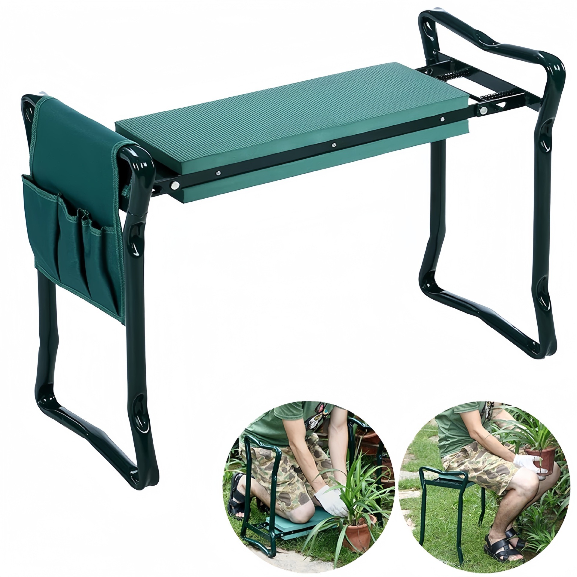 Scaun Multifunctional pentru Gradinarit, Flippy, Inaltime Reglabila, Geanta Laterala pentru unelte, 60 x 49 x 27 cm, Pliabil, Verde