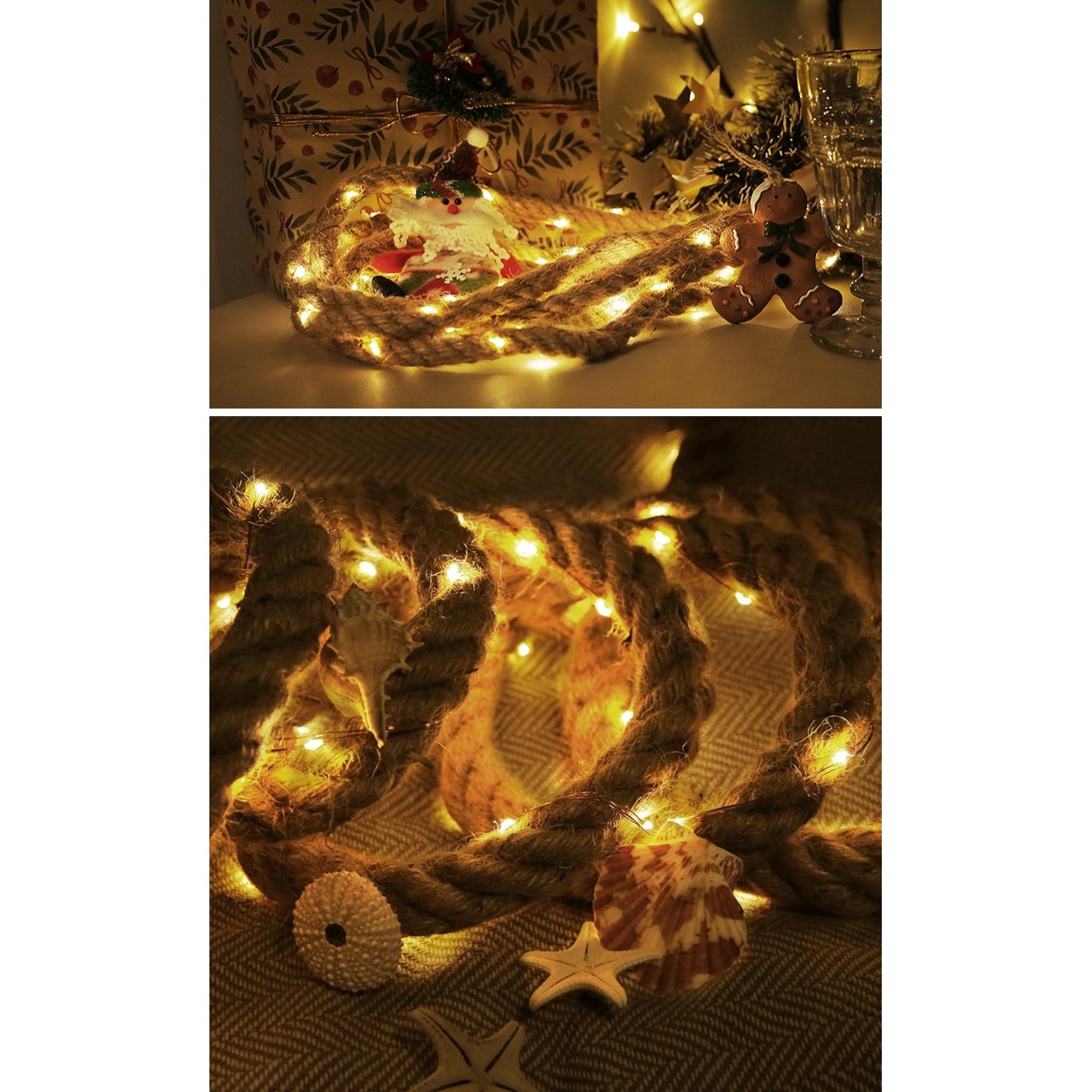 Instalatie Luminoasa, Flippy, cu Fir de Cupru, 3 m, 60 LED-uri, Model Sfoara de Canepa, cu Baterii, 8 Jocuri de Lumini, IP44, Alb Cald