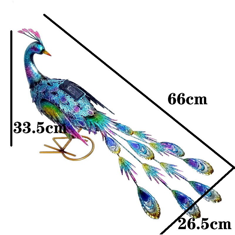 Decoratiune de Gradina cu Lampa solara, Flippy, Model Paun Pitic, Iluminare Led si Incarcare Solara, 66 x 33.5 x 26.5 cm, din Fier, Albastru Multicolor