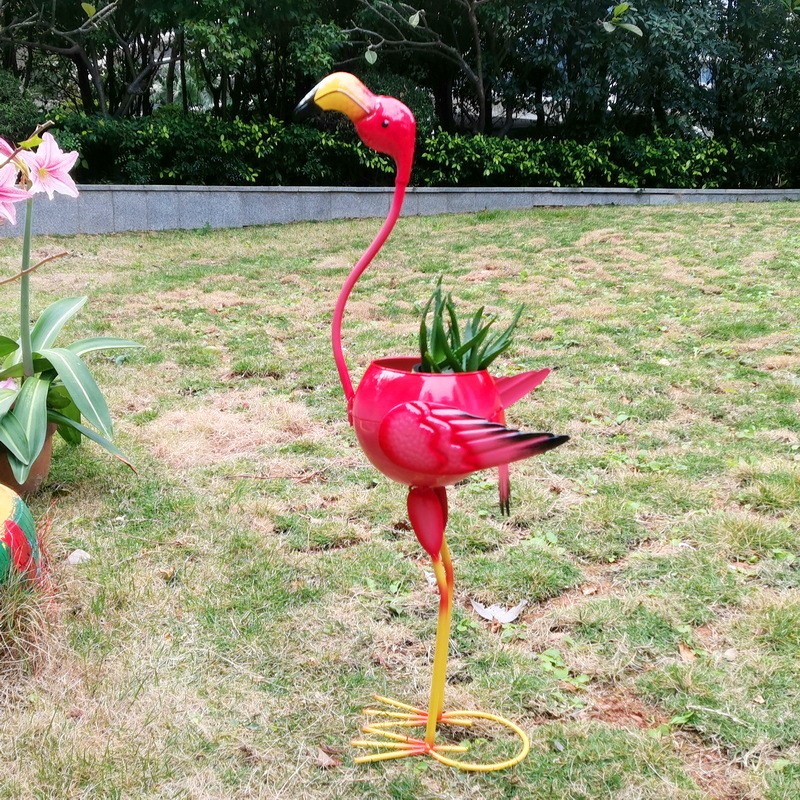 Decoratiune pentru Gradina, Flippy, Flamingo pentru Gradina cu Suport pentru Plante Flori, Ornament de Ghiveci de Flori, Model Flamingo, din Fier, 73 x 34 x 22 cm, Roz