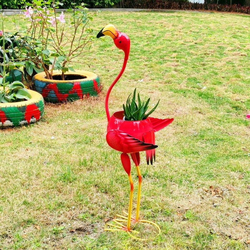 Decoratiune pentru Gradina, Flippy, Flamingo pentru Gradina cu Suport pentru Plante Flori, Ornament de Ghiveci de Flori, Model Flamingo, din Fier, 73 x 34 x 22 cm, Roz