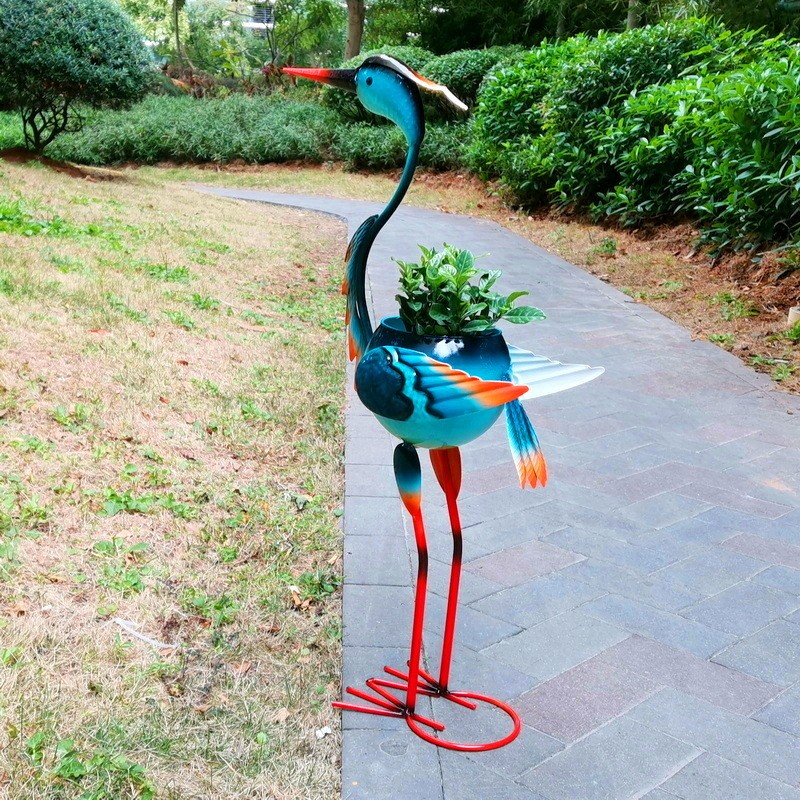 Decoratiune pentru Gradina, Flippy, Flamingo pentru Gradina cu Suport pentru Plante Flori, Ornament de Ghiveci de Flori, Model Flamingo, din Fier, 71 x 34 x 22 cm, Albastru