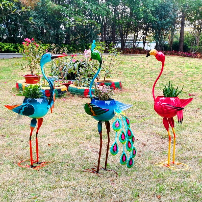 Decoratiune pentru Gradina, Flippy, Flamingo pentru Gradina cu Suport pentru Plante Flori, Ornament de Ghiveci de Flori, Model Flamingo, din Fier, 71 x 34 x 22 cm, Albastru