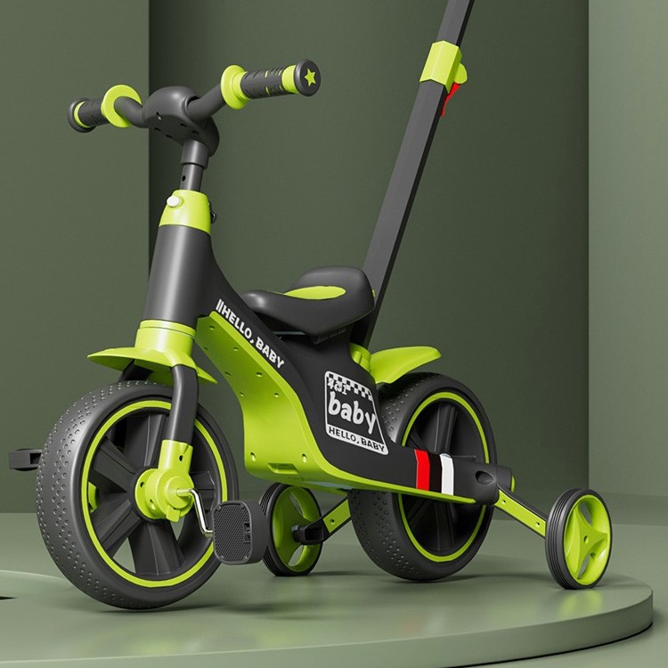Bicicleta Multifunctionala pentru Copii, Flippy, 3 in 1 Bicicleta Troller Tricicleta, 2-6 ani, cu Roti Auxiliare, Ghidon si Scaun Reglabil, 93 x 78 x 43 cm, Negru Verde
