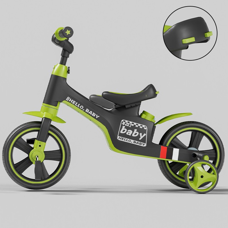 Bicicleta Multifunctionala pentru Copii, Flippy, 3 in 1 Bicicleta Troller Tricicleta, 2-6 ani, cu Roti Auxiliare, Ghidon si Scaun Reglabil, 93 x 78 x 43 cm, Negru Verde